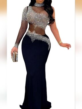 Black Mesh Rhinestone One-Shoulder Evening Dress